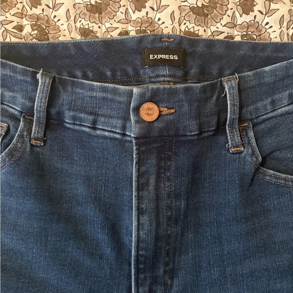 Express Dark Blue Crop Flare Jeans with Knee Rips - Picture 3 of 4